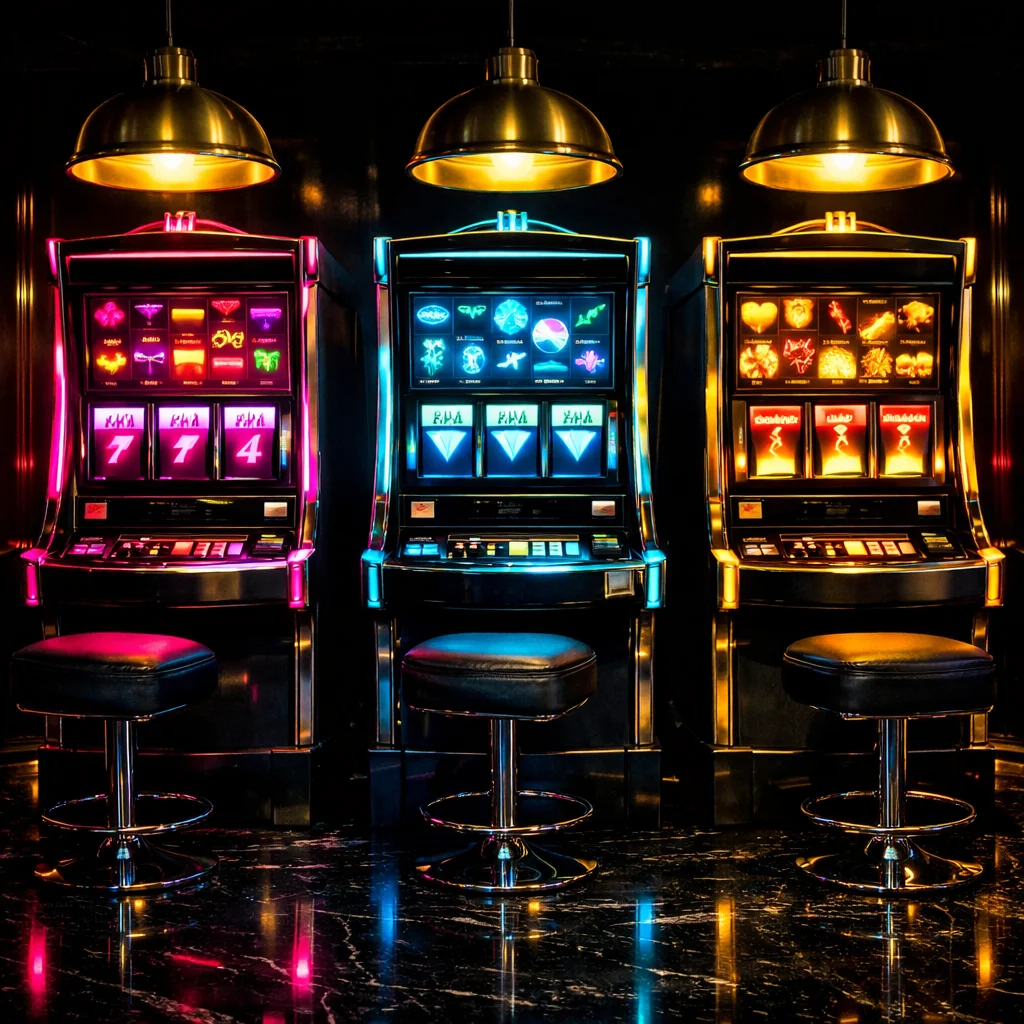 Rij premium gokkasten met neonverlichting in een donkere ruimte